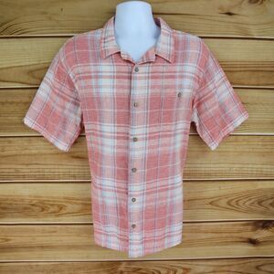 Weatherproof Vintage Button Up Shirt Mens XL Salmon Pink White Plaid LINEN Blend